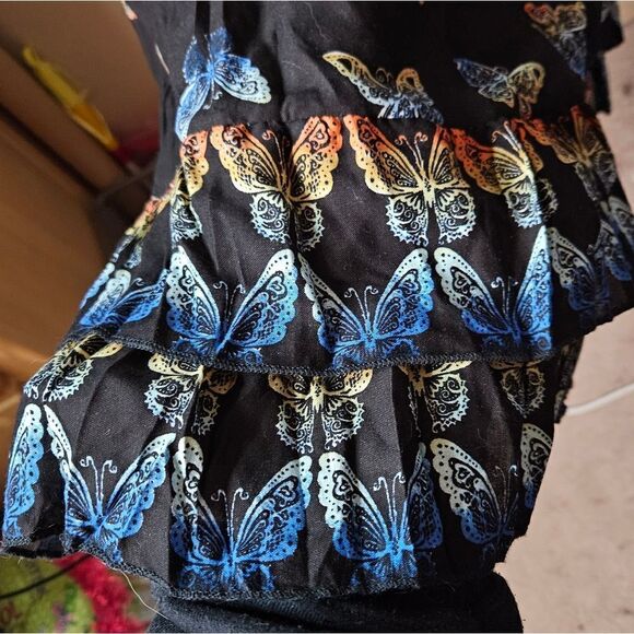 #214 EVANS multicolored butterflies on black Crinkle High-low Dress - Picture 6 of 9